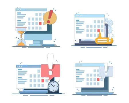 Online calendar set, computer deadline alerts, digital event reminders. Stock Illustration