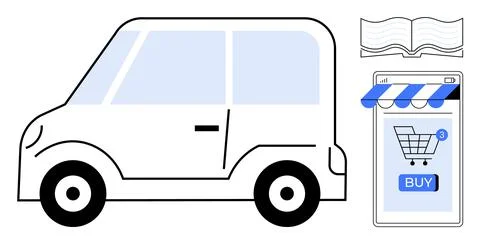 Online Car Purchase Process Simple Visual with Smartphone App and Shopping Ca 스톡 일러스트