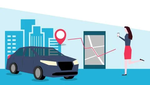 Online car sharing through mobile app vector illustration Stock Illustration