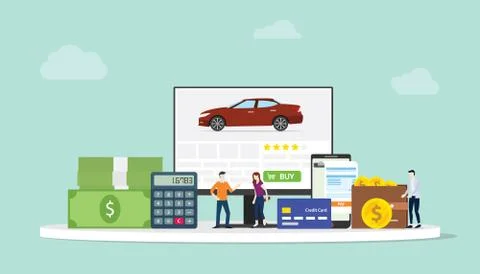 Online car shopping e-commerce technology with team people and finance team o Stock Illustration