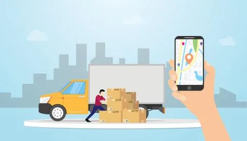 Online cargo delivery tracking system with truck and gps position locations w Stock Illustration