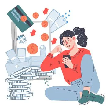 Online cashback and payment on e-wallet with woman receiving cash on card. Stock Illustration