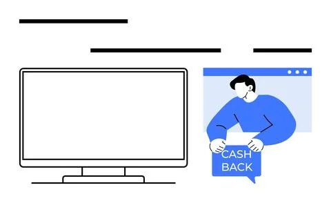 Online Cashback Concept with Man in Browser Window Holding Cash Back Sign N.. 스톡 일러스트