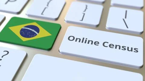 Online Census text and flag of Brazil on the keyboard. Conceptual 3D rendering 库存插图