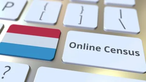 Online Census text and flag of Luxembourg on the keyboard. Conceptual 3D イラスト素材