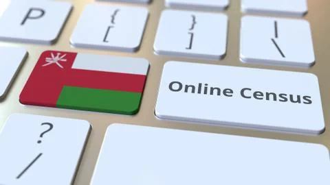 Online Census text and flag of Oman on the keyboard. Conceptual 3D rendering Illustrazione stock