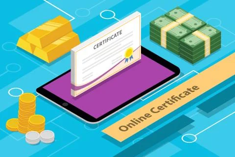Online certification concept isometric 3d with apps tablet and money Stock Illustration