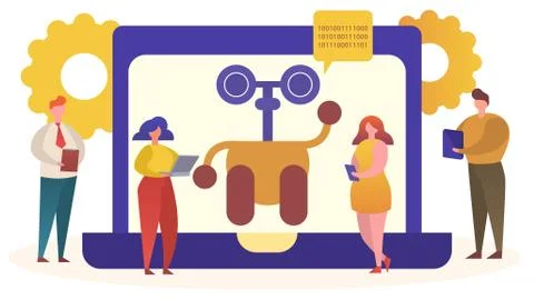 Online chat bot helper support concept vector illustration, cartoon flat robot Stock Illustration