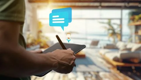 An online chat message icon featuring a speech bubble with smooth, rounded .. Foto stock