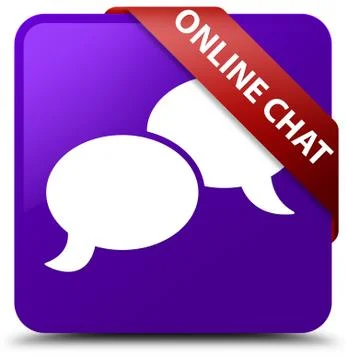 Online chat purple square button red ribbon in corner Stock Illustration