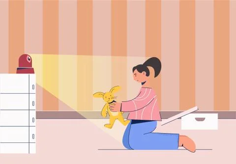 Online child safety using web camera. Little girl plays with toy hare under Illustrazione stock