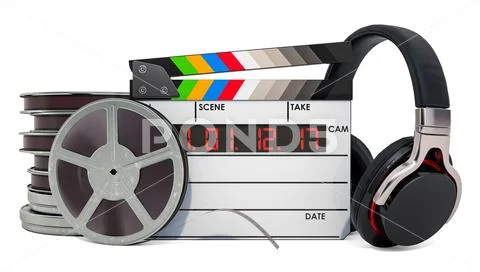 Online cinema concept. Clapperboard, film reels and headphones, 3D rendering Stock Illustration