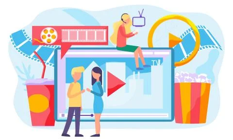 Online cinema, internet streaming flat illustration. People near big screen with Stock Illustration