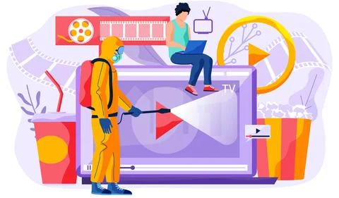 Online cinema, internet streaming. Guy holding laptop. Man in protective suit Stock Illustration