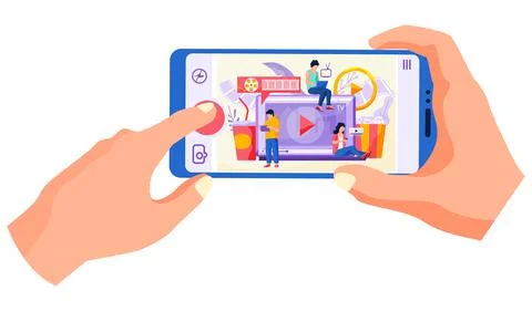 Online cinema, internet streaming. Hands are holding a smartphone. Watch movie Stock Illustration