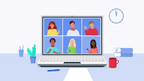 Online Class animation. Study from home via Teleconference Web Video Conference Stock Footage 147545373