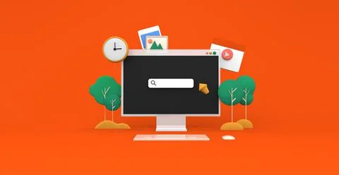 Online class, desktop, video play online, time management concept 3d render i Stock Illustration