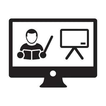 Online class icon vector teacher symbol with computer monitor and whiteboard  Stock Illustration