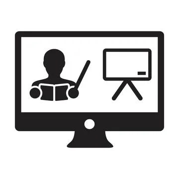 Online class icon vector teacher symbol with computer monitor and whiteboard  Stock Illustration