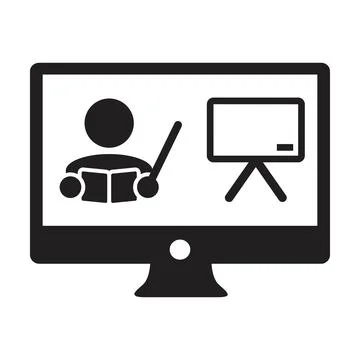 Online class icon vector teacher symbol with computer monitor and whiteboard  Stock Illustration