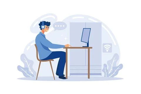 Online class meet vector concept. Male young school teacher, college tutor .. Stock Illustration