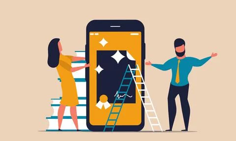 Online class training remotely by smartphone. Social distance and gaining kno Stock Illustration