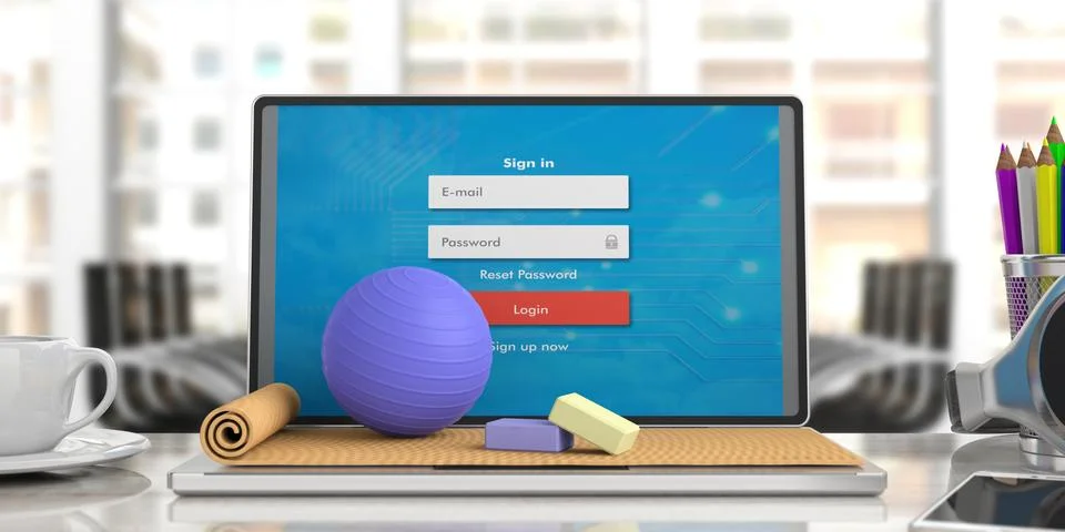 Online classes. Exercise mat and pilates ball on computer laptop, blur busine Stock Illustration