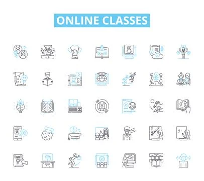 Online classes linear icons set. Virtual, Remote, Digital, E-learning, Web-based 스톡 일러스트