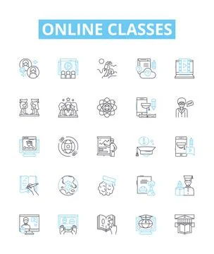 Online classes vector line icons set. Online, Classes, Learning, eLearning Stock Illustration