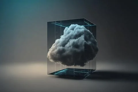 Online cloud data storage rack concept in glass cube. Cloudscape digital online Stock Illustration