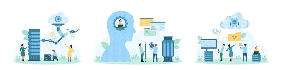 Online cloud service set, tiny people control server hardware with robot arm and Stock Illustration