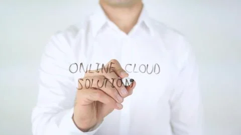 Online Cloud Solution, Man Writing on Glass Stock Photos
