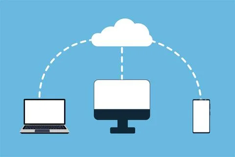 Online cloud storage concept vector. Transferring data from a mobile, laptop, Stock Illustration