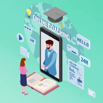 Online coaching education training, workshops and courses. Flat 3d isometric Stock Illustration