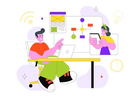 Online Collaboration Whiteboard Tools Vector Illustration With Team Brainst.. Ilustração Stock