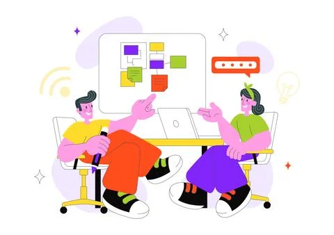 Online Collaboration Whiteboard Tools Vector Illustration With Team Brainst.. Stock Illustration