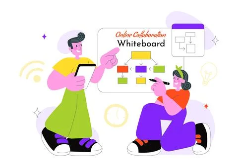 Online Collaboration Whiteboard Tools Vector Illustration With Team Brainst.. Ilustração Stock