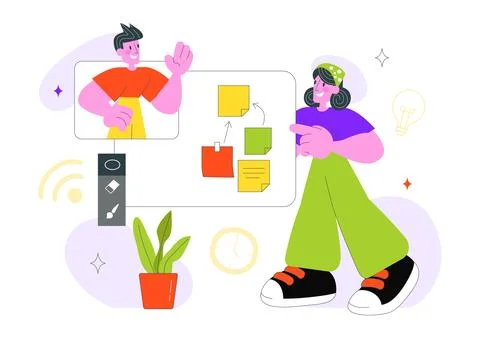 Online Collaboration Whiteboard Tools Vector Illustration With Team Brainst.. Stock Illustration