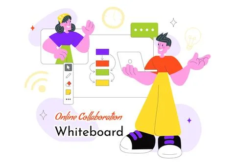Online Collaboration Whiteboard Tools Vector Illustration With Team Brainst.. Ilustração Stock