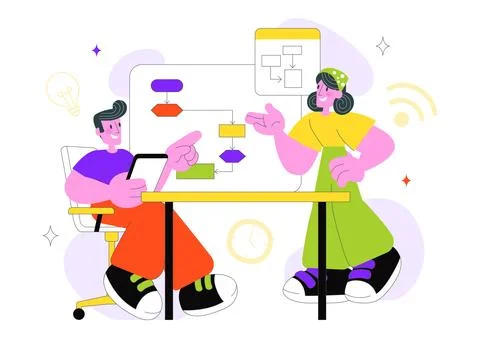 Online Collaboration Whiteboard Tools Vector Illustration With Team Brainst.. Ilustração Stock