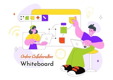 Online Collaboration Whiteboard Tools Vector Illustration With Team Brainst.. Ilustração Stock