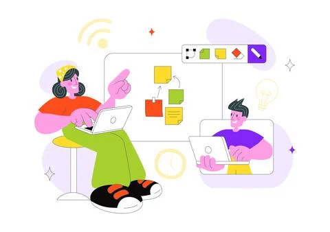 Online Collaboration Whiteboard Tools Vector Illustration With Team Brainst.. Ilustração Stock