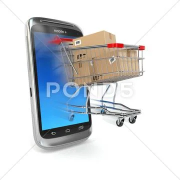 Online commerce, mobile phone and shopping cart. Stock Illustration