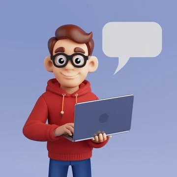 Online Communication And Digital Learning Concept. Friendly Nerd Cartoon Ch.. Stockillustratie