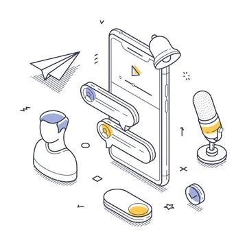 Online communication and media elements around a smartphone interface isome.. Stockillustratie