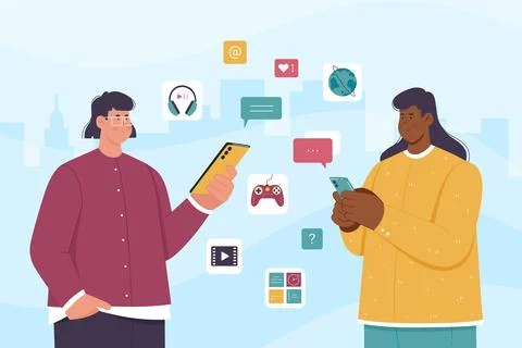 Online communication apps, users holding phones, using applications for social Stock Illustration