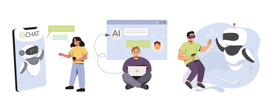 Online communication with chat bot on electronic devices Stock Illustration