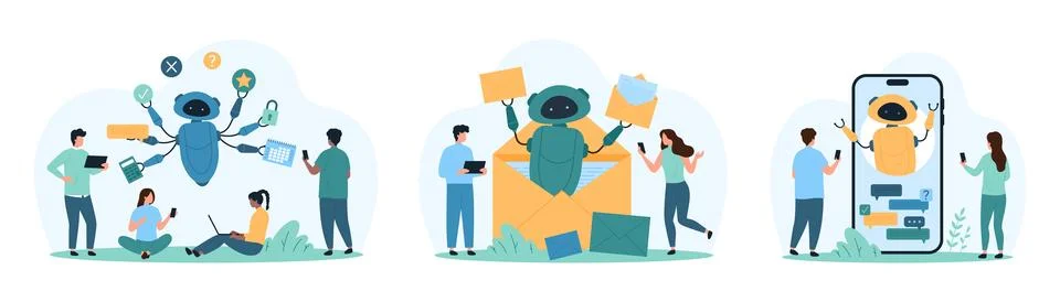 Online communication in chat bot set, customer support with AI assistant for Stock Illustration