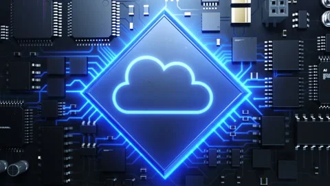 Online communication . Chip with a cloud image. dynamic animation on the them Stock Footage 224017745