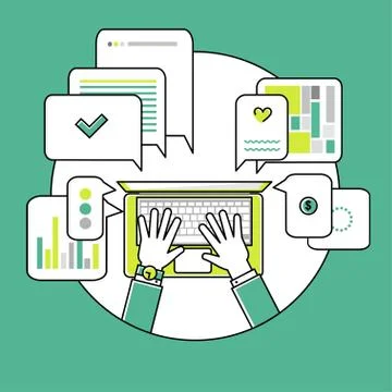 Online communication flat linear  illustration. Top view Illustrazione stock